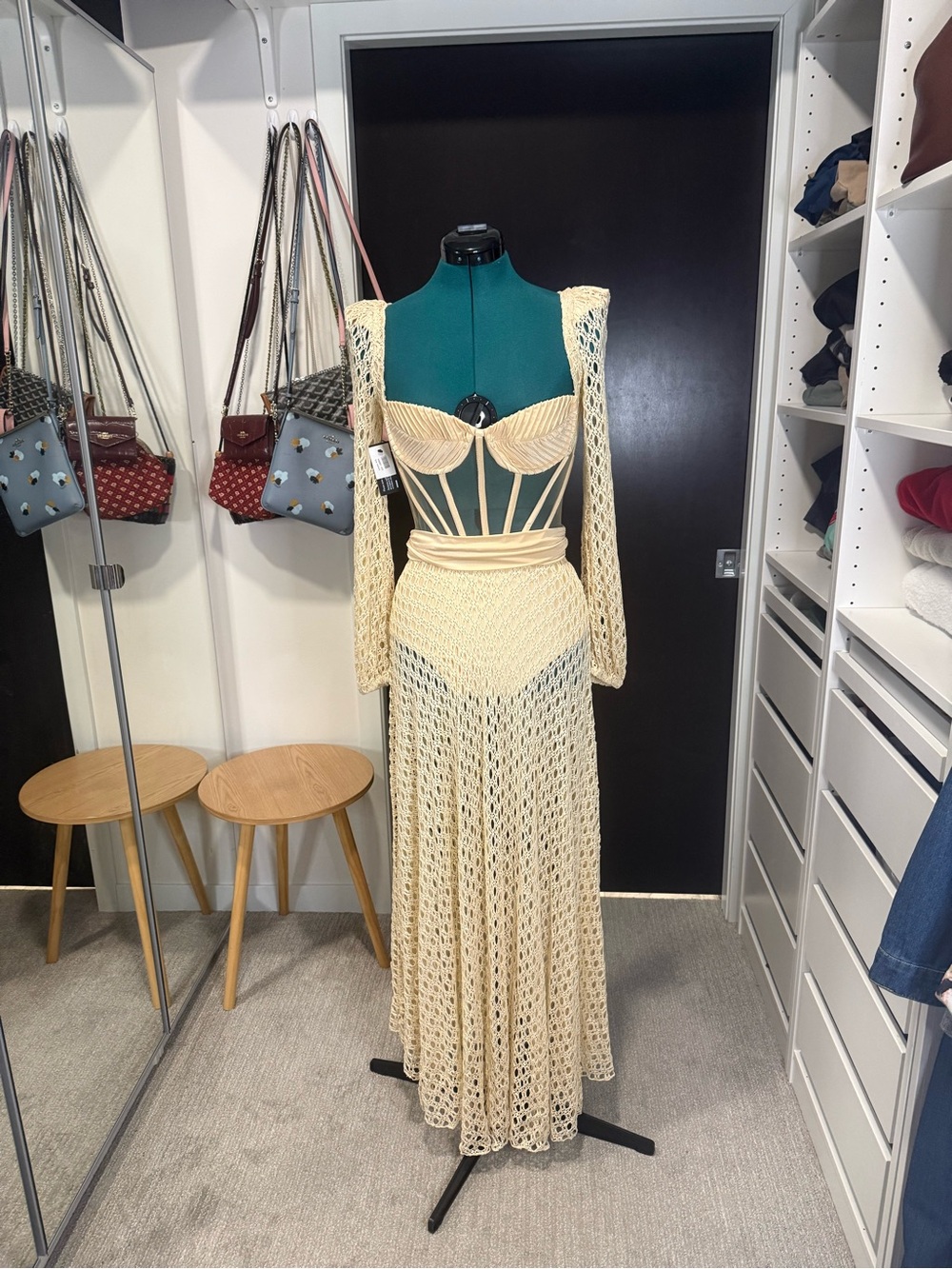 PatBO Monstera Crochet Bustier Maxi dress in sand